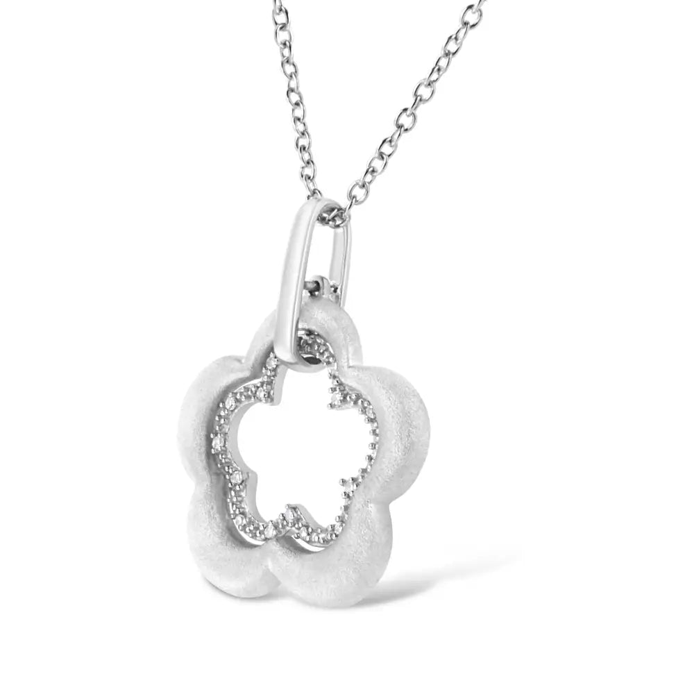 Elegant Matte Finished Sterling Silver Diamond Accent Double Flower Necklace