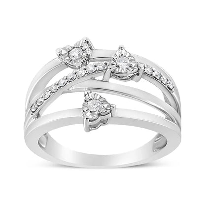 Stunning.925 Sterling Silver Miracle-set Diamond Heart Cross-over Bypass Ring