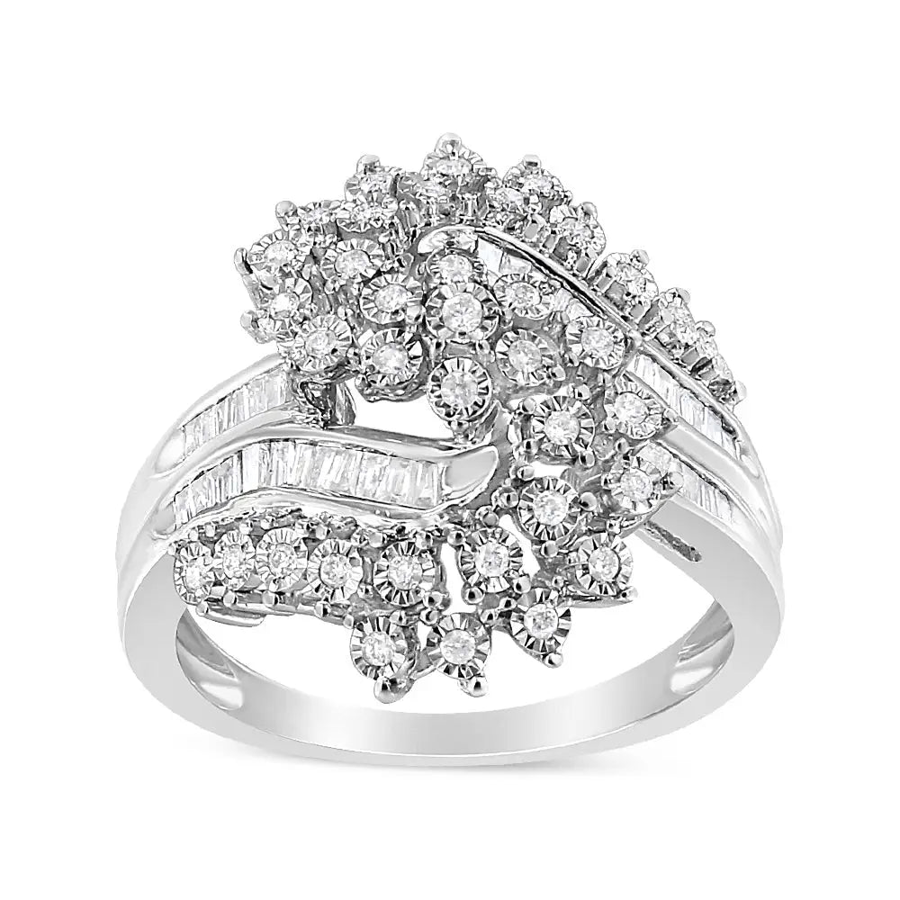 Elegant Miracle-set Diamond Heart Cross-over Bypass Ring in Sterling Silver