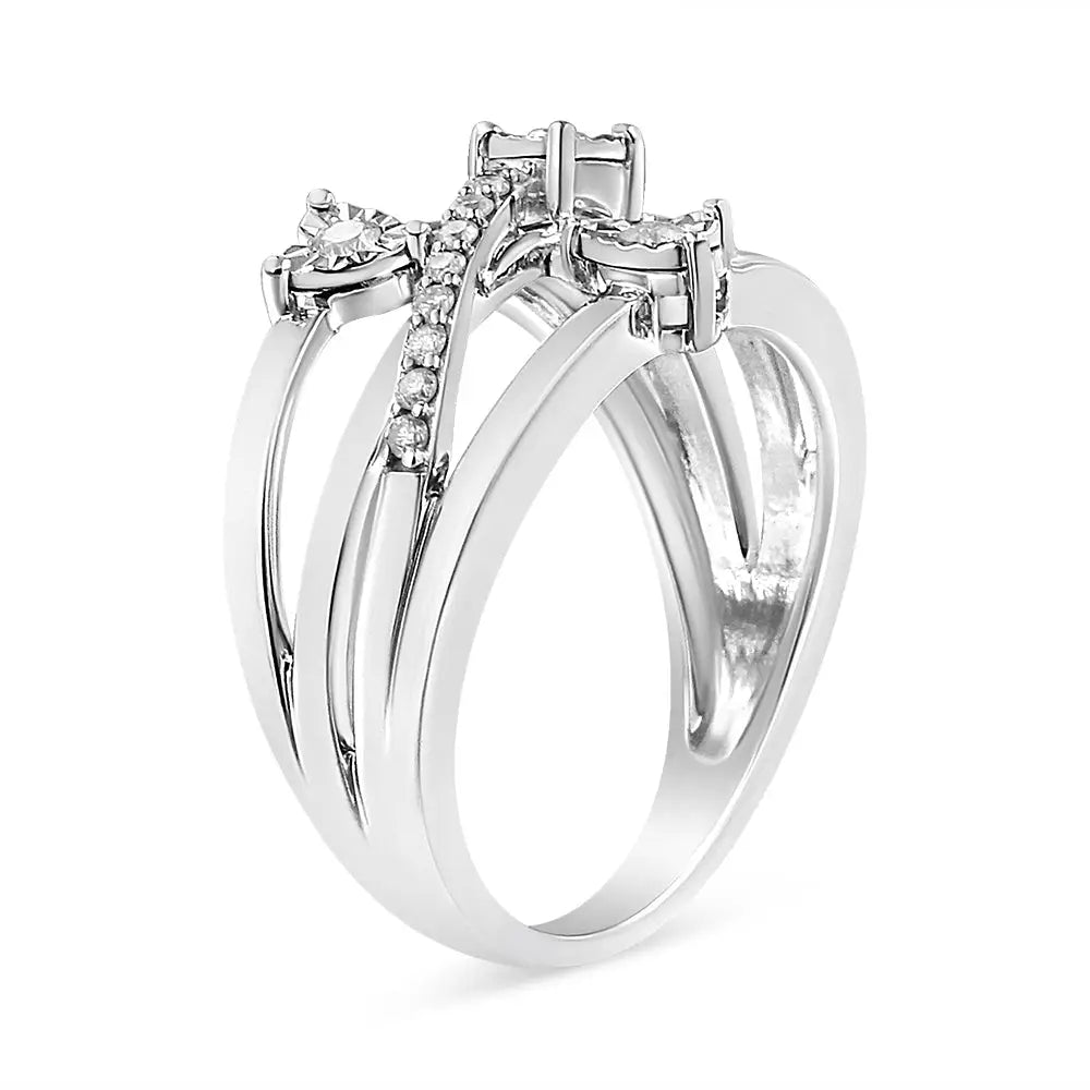 Elegant Miracle-set Diamond Heart Cross-over Bypass Ring in Sterling Silver