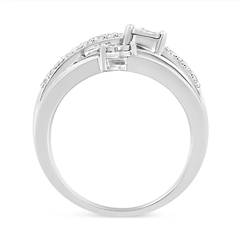 Elegant Miracle-set Diamond Heart Cross-over Bypass Ring in Sterling Silver