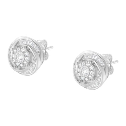 Elegant Round and Baguette-cut Diamond Love Knot Stud Earrings