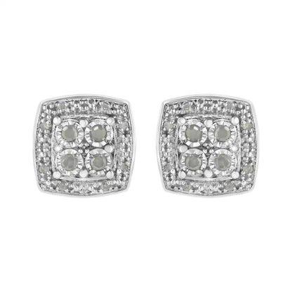 Elegant Square Shape Milgrain Stud Earrings with Round Cut Diamonds