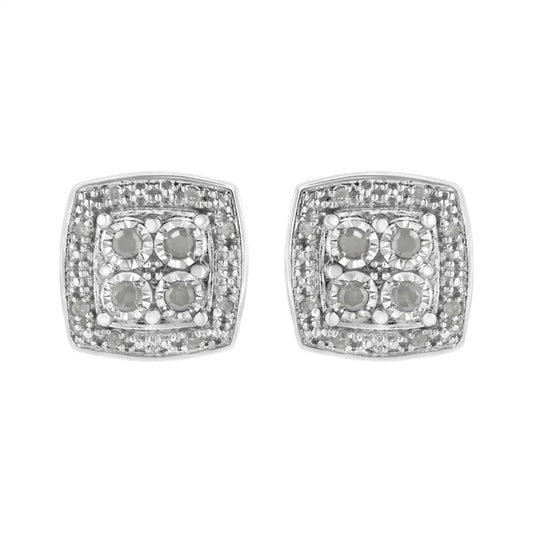 Elegant Square Shape Milgrain Stud Earrings with Round Cut Diamonds