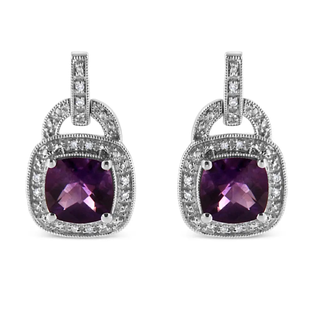 Elegant Sterling Silver 8mm Cushion Shaped Amethyst Dangle Earrings