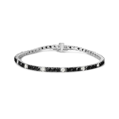 Elegant Sterling Silver Black and White Diamond Tennis Bracelet