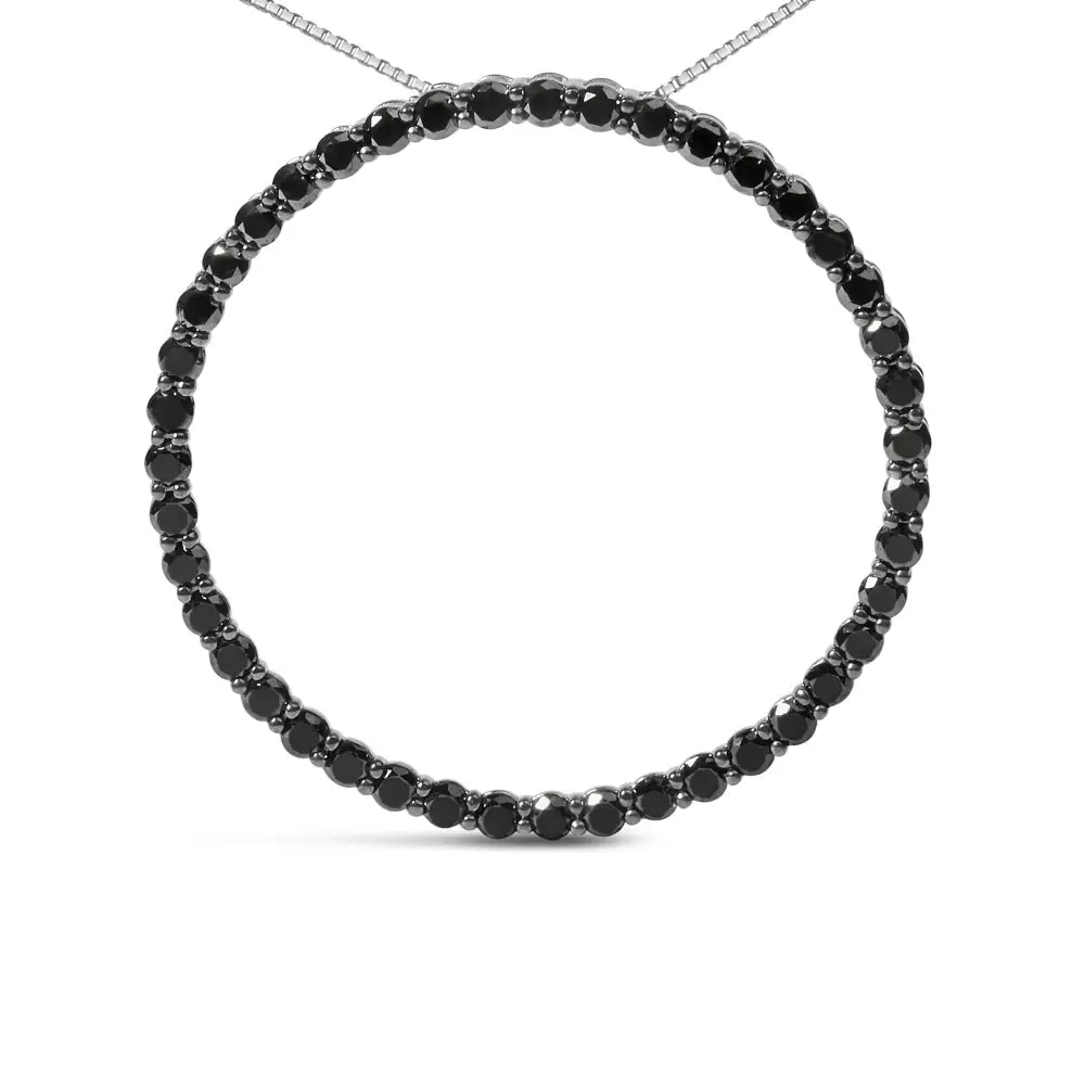 Elegant Sterling Silver Black Diamond Open Hoop Circle Pendant Necklace