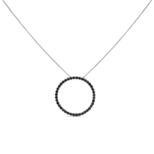 Elegant Sterling Silver Black Diamond Open Hoop Circle Pendant Necklace