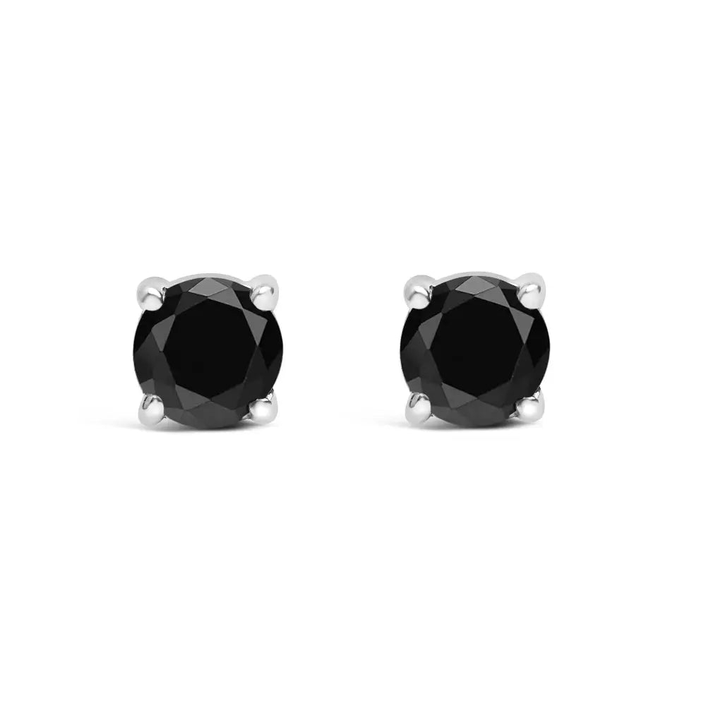 .925 Sterling Silver Black Diamond Push-back Solitaire Stud Earrings - I2-i3