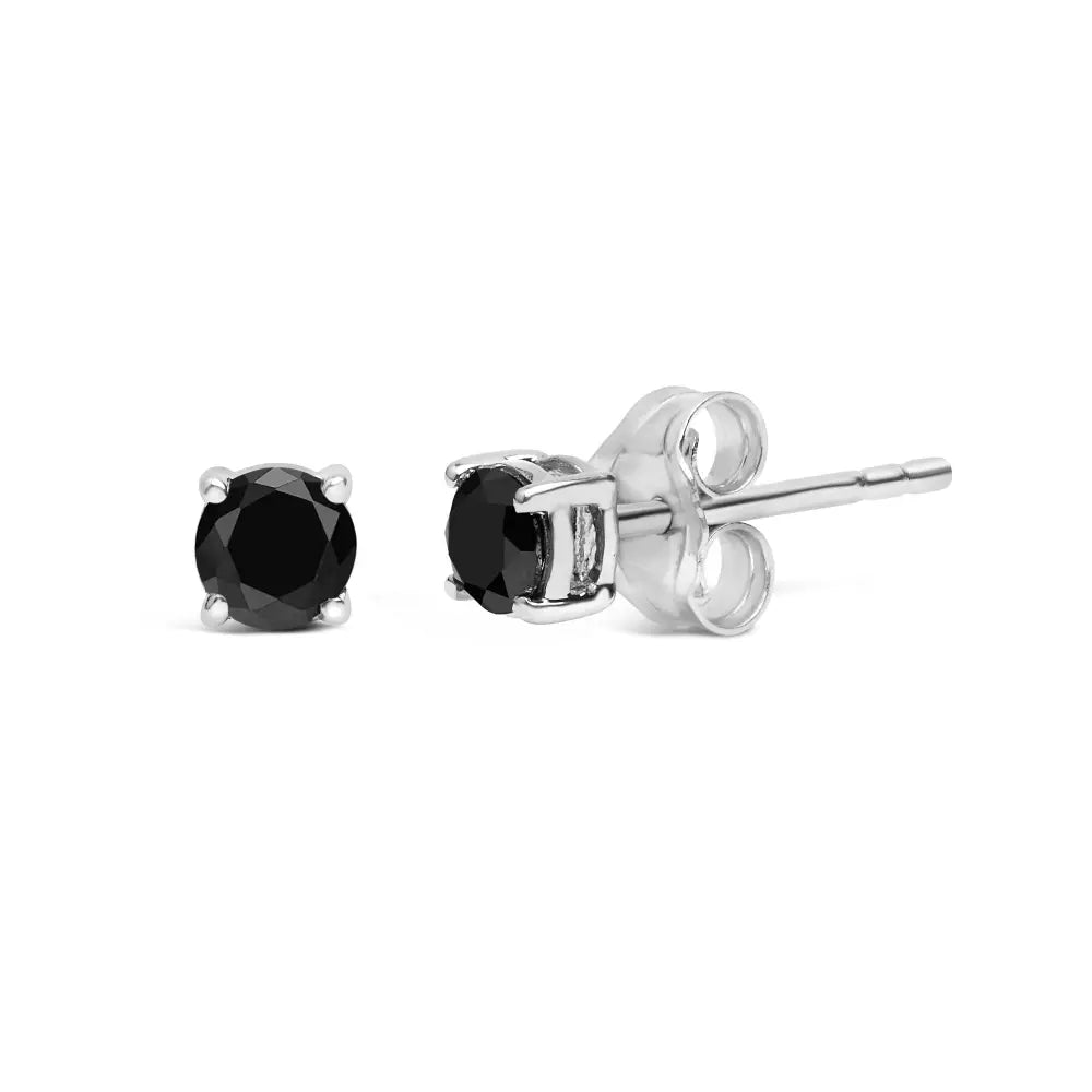 .925 Sterling Silver Black Diamond Push-back Solitaire Stud Earrings - I2-i3