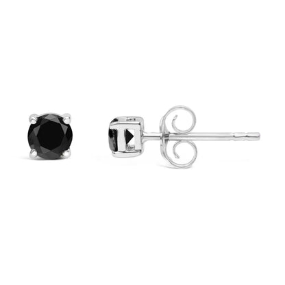 .925 Sterling Silver Black Diamond Push-back Solitaire Stud Earrings - I2-i3