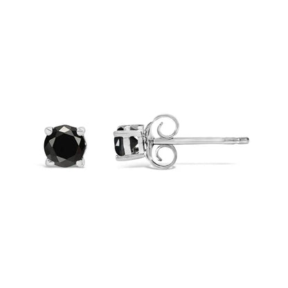 .925 Sterling Silver Black Diamond Push-back Solitaire Stud Earrings - I2-i3