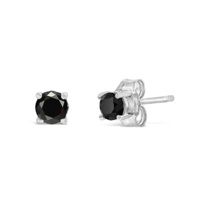 .925 Sterling Silver Black Diamond Push-back Solitaire Stud Earrings - I2-i3