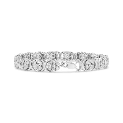 Elegant Sterling Silver Cluster Link Bracelet with Diamond Floral Design