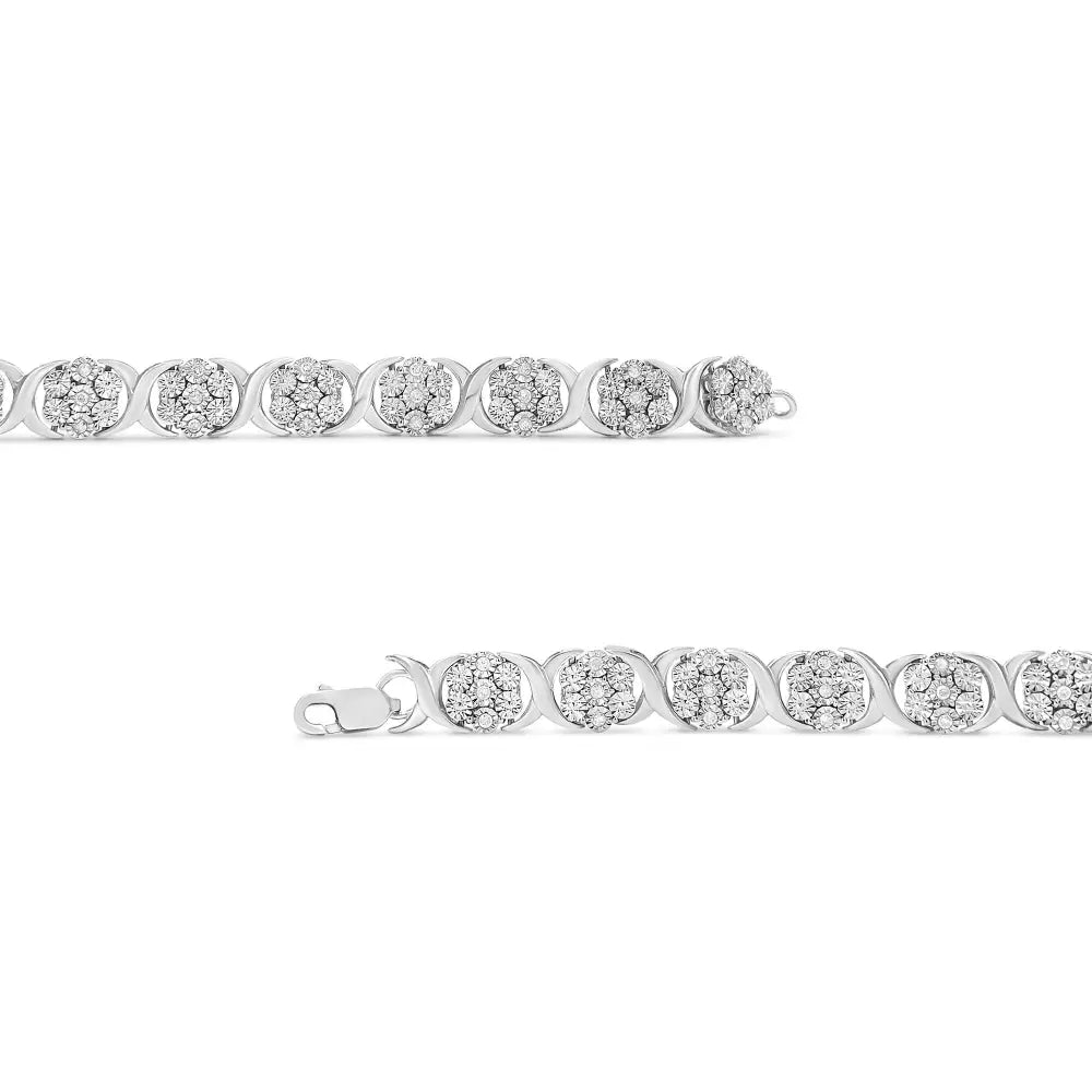 Elegant Sterling Silver Cluster Link Bracelet with Diamond Floral Design