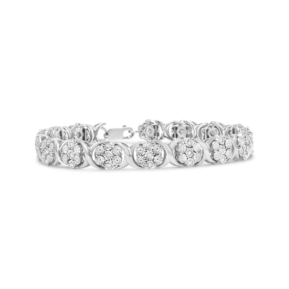 Elegant Sterling Silver Cluster Link Bracelet with Diamond Floral Design