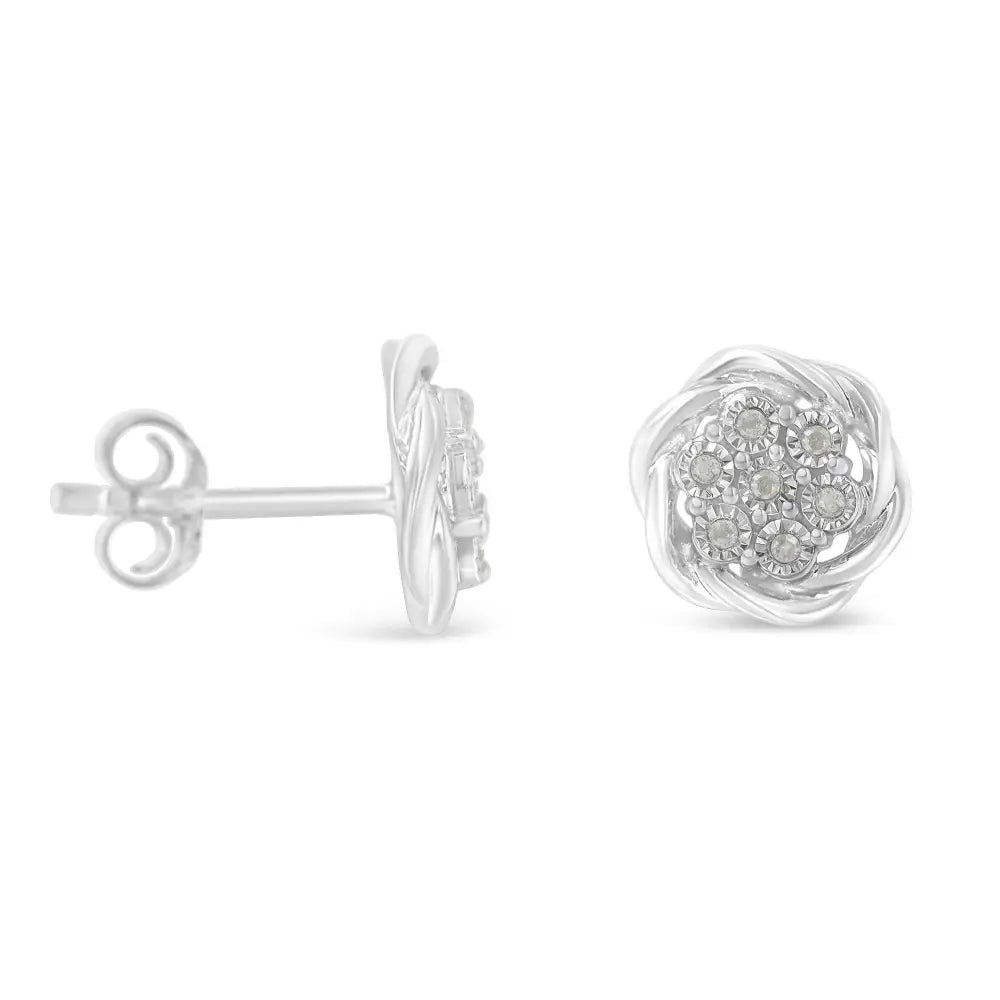 Elegant Sterling Silver Diamond Swirl Cluster Stud Earrings