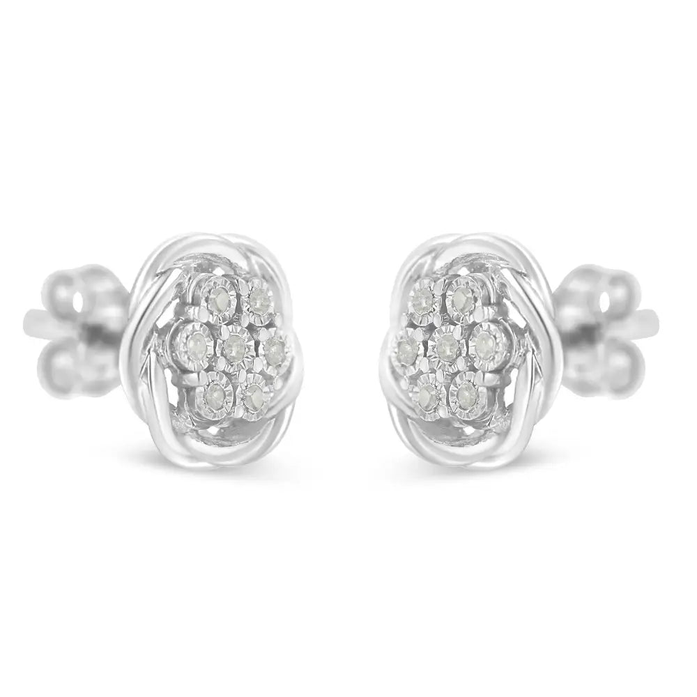 Elegant Sterling Silver Diamond Swirl Cluster Stud Earrings