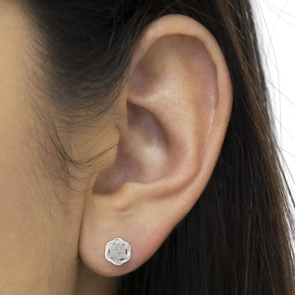 Elegant Sterling Silver Diamond Swirl Cluster Stud Earrings