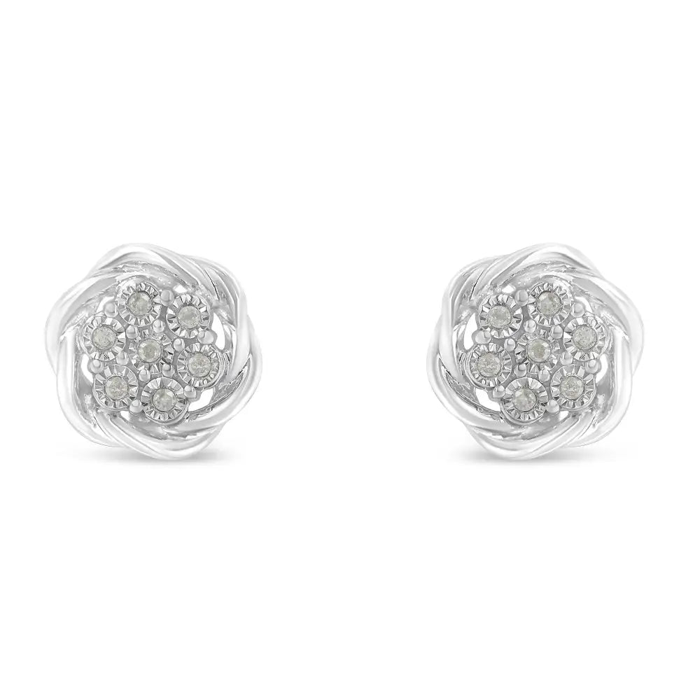 Elegant Sterling Silver Diamond Swirl Cluster Stud Earrings