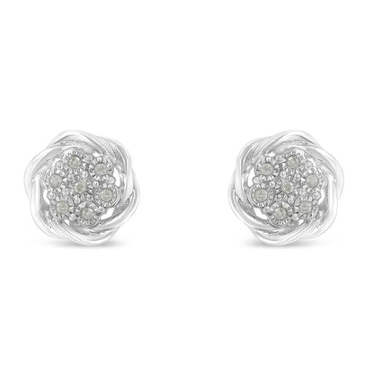 Elegant Sterling Silver Diamond Swirl Cluster Stud Earrings