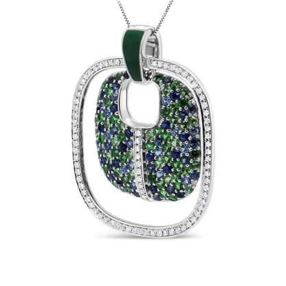 Elegant Sterling Silver Green Enamel Tsavorite Openwork Pendant Necklace