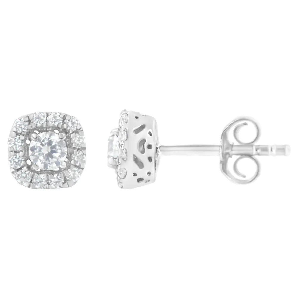 Elegant Sterling Silver Halo Stud Earring with Brilliant Round-cut Diamond