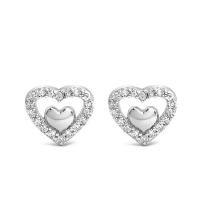 Elegant Sterling Silver Open Double Heart Stud Earrings with Cttw Diamonds