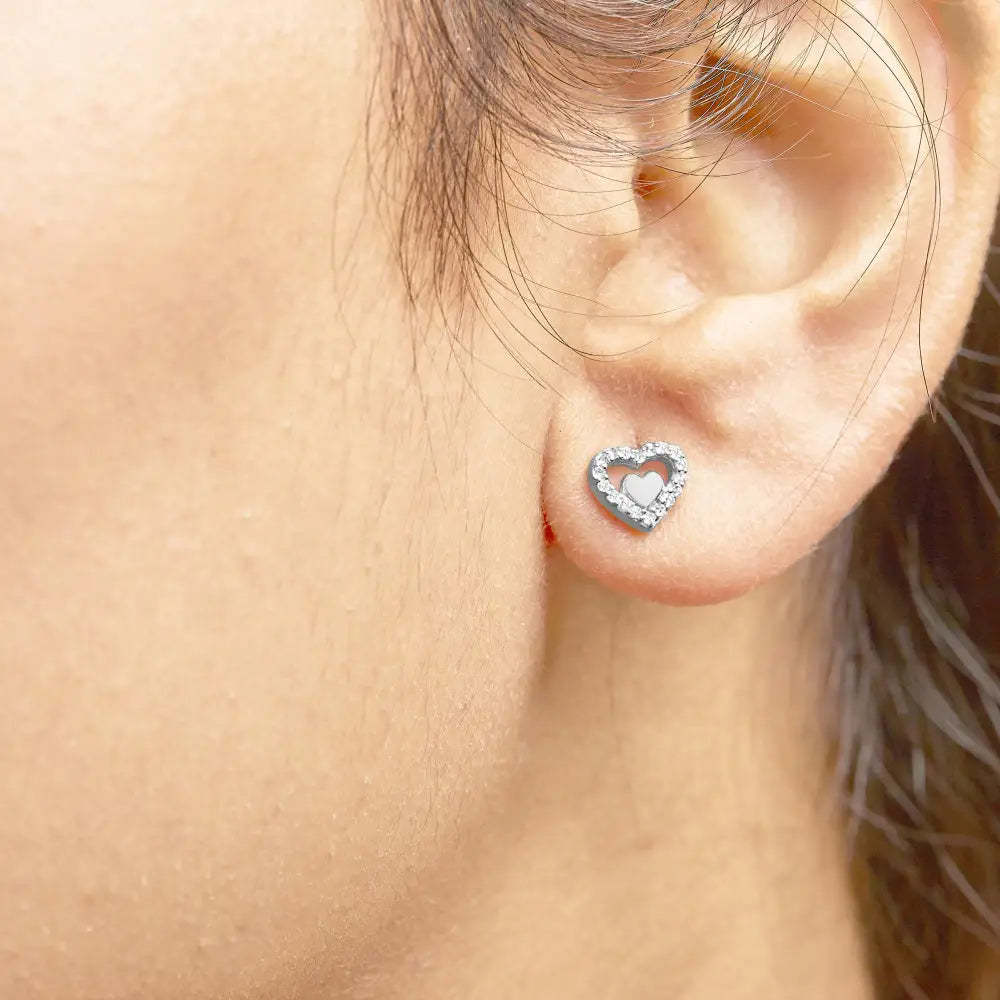 Elegant Sterling Silver Open Double Heart Stud Earrings with Cttw Diamonds