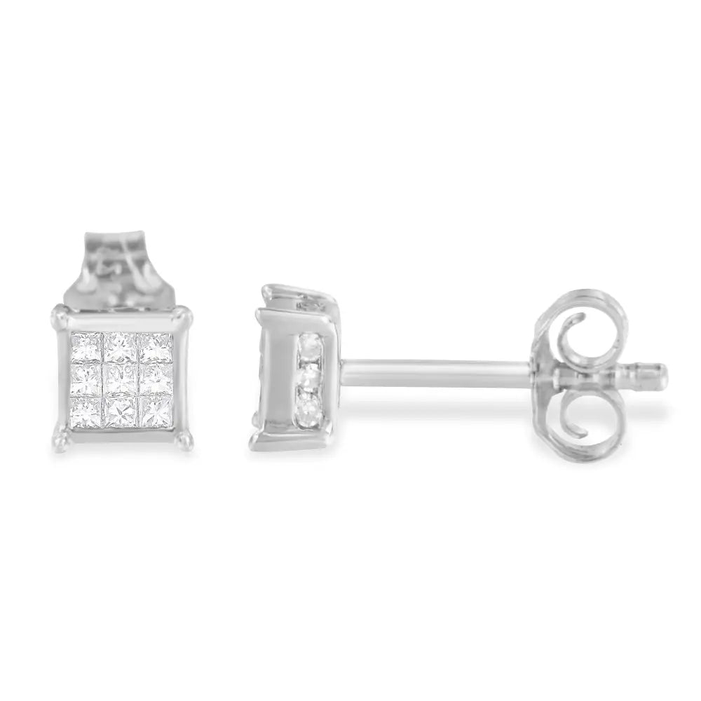 Elegant Sterling Silver Princess Cut Diamond Square Stud Earrings