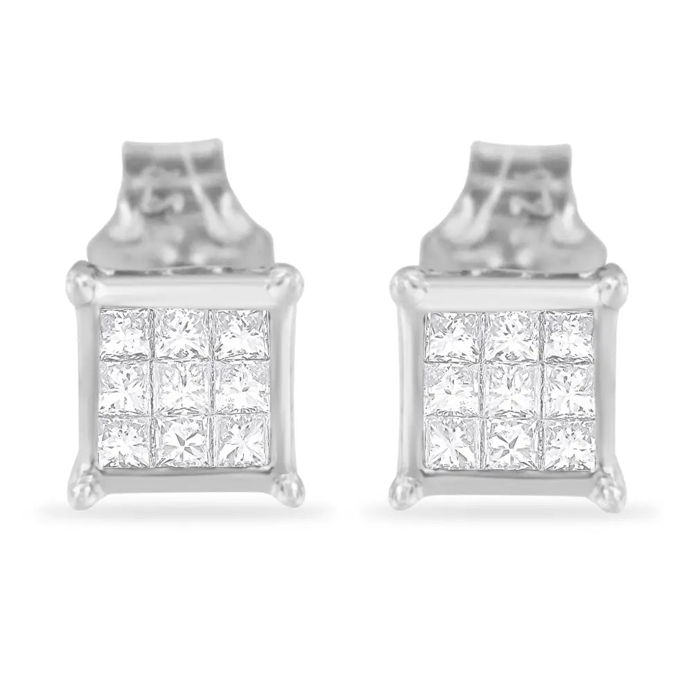 Elegant Sterling Silver Princess Cut Diamond Square Stud Earrings