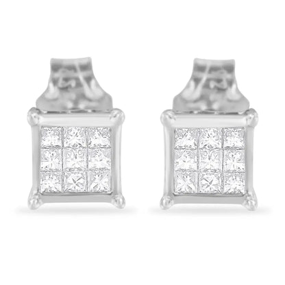 Elegant Sterling Silver Princess Cut Diamond Square Stud Earrings