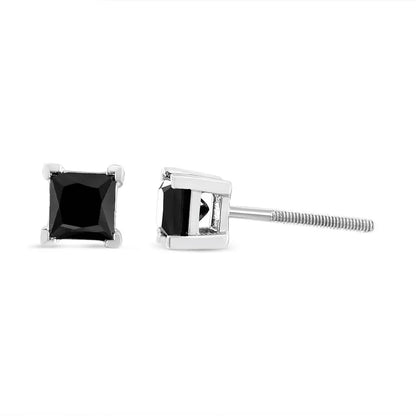 Elegant Sterling Silver Princess-cut Square Black Diamond Earrings