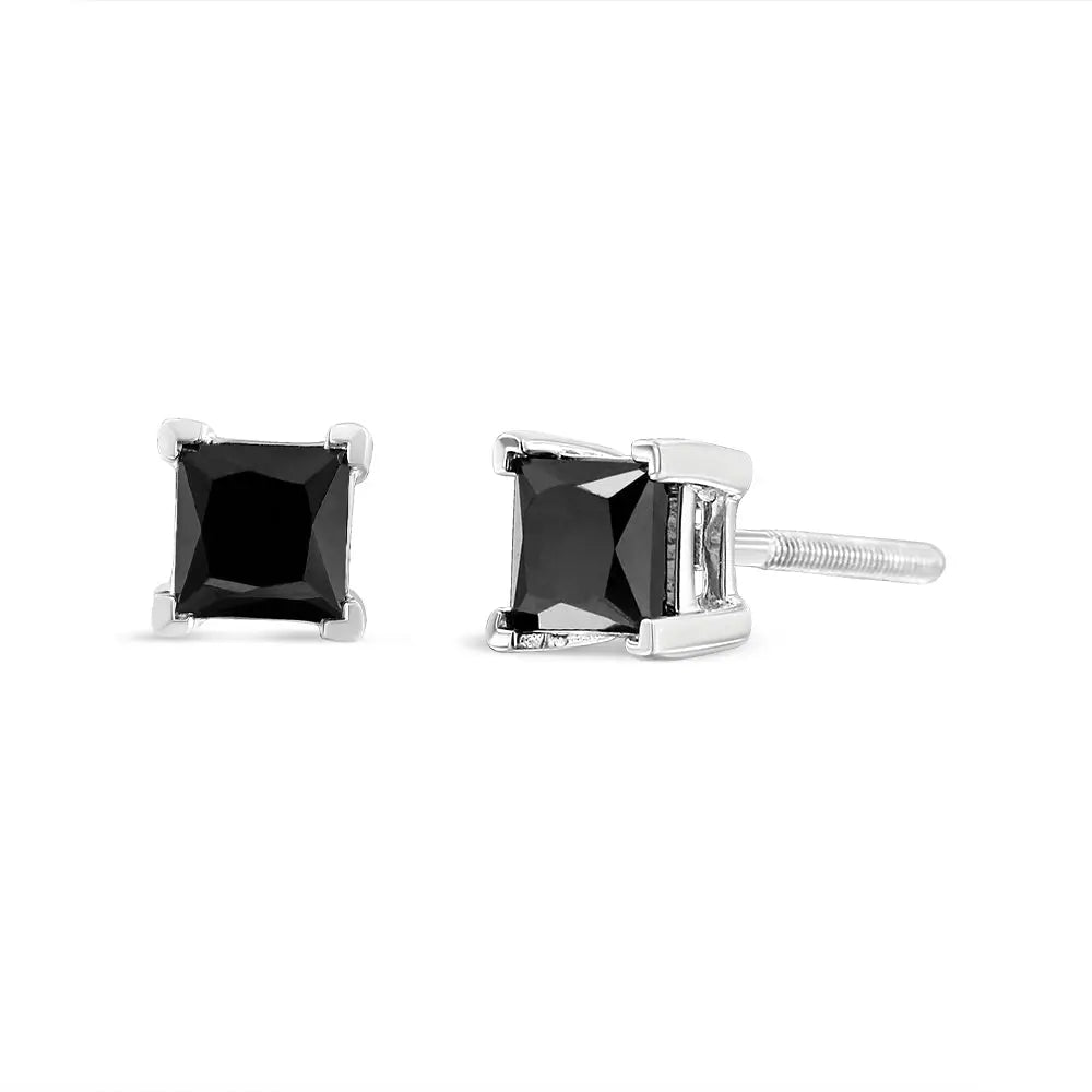 Elegant Sterling Silver Princess-cut Square Black Diamond Earrings