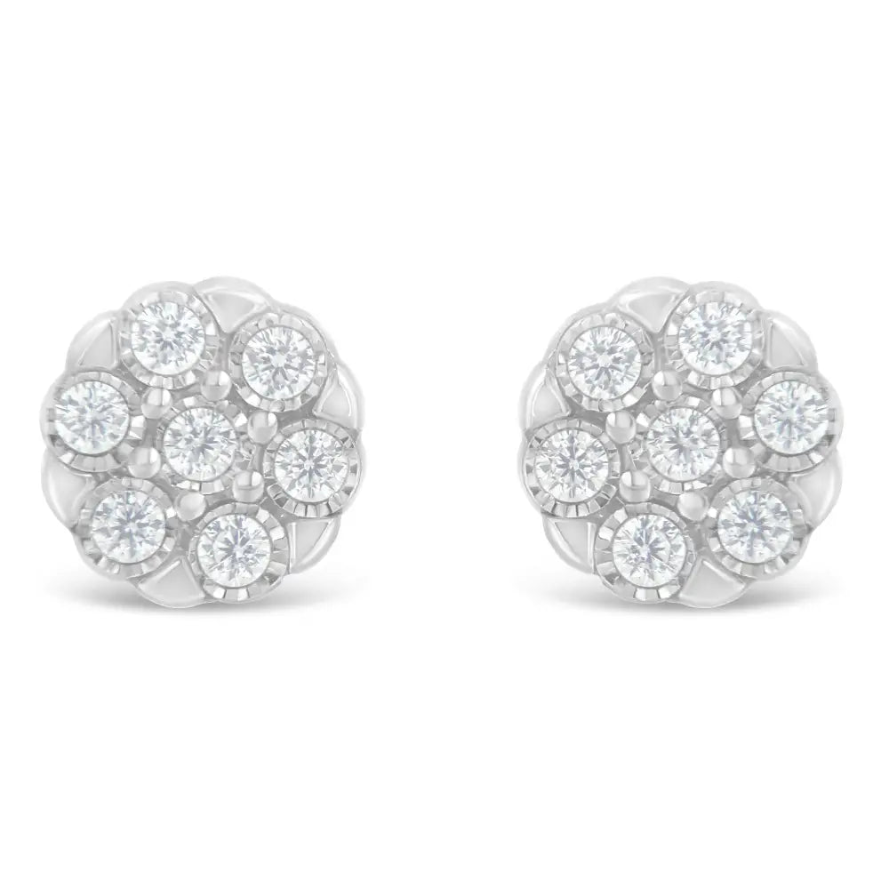 Elegant Sterling Silver Rose-cut Diamond Floral Cluster Stud Earrings