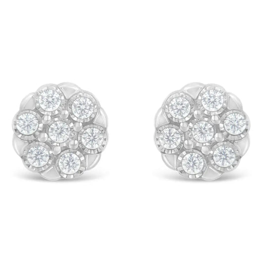 Elegant Sterling Silver Rose-cut Diamond Floral Cluster Stud Earrings