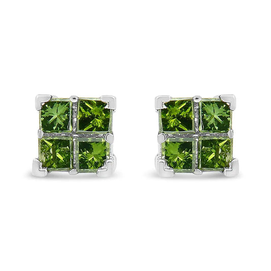 Elegant Sterling Silver Treated Green Princess-cut Diamond Quad Stud Earrings