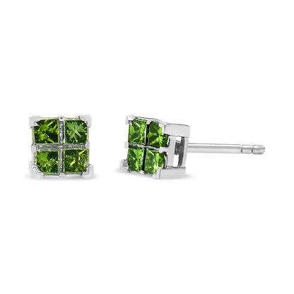 Elegant Sterling Silver Treated Green Princess-cut Diamond Quad Stud Earrings