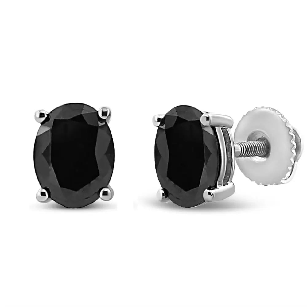 Elegant Treated Black Oval Diamond Stud Earrings in Sterling Silver