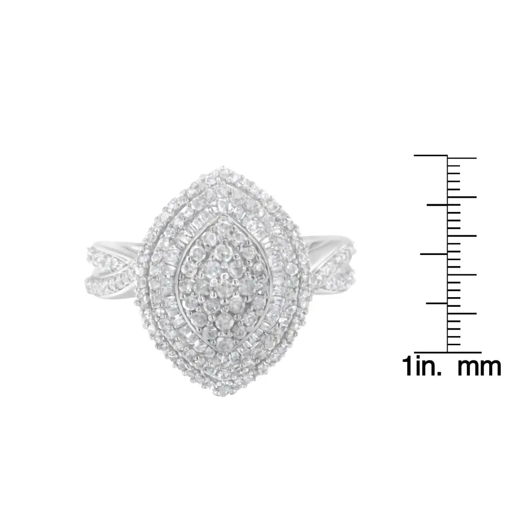 Sterling Silver 1.0 Cttw Round & Baguette-cut Diamond Cluster Ring