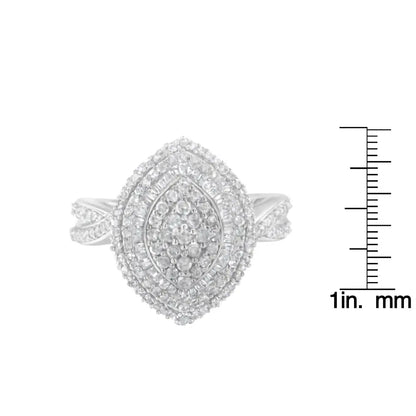 Sterling Silver 1.0 Cttw Round & Baguette-cut Diamond Cluster Ring