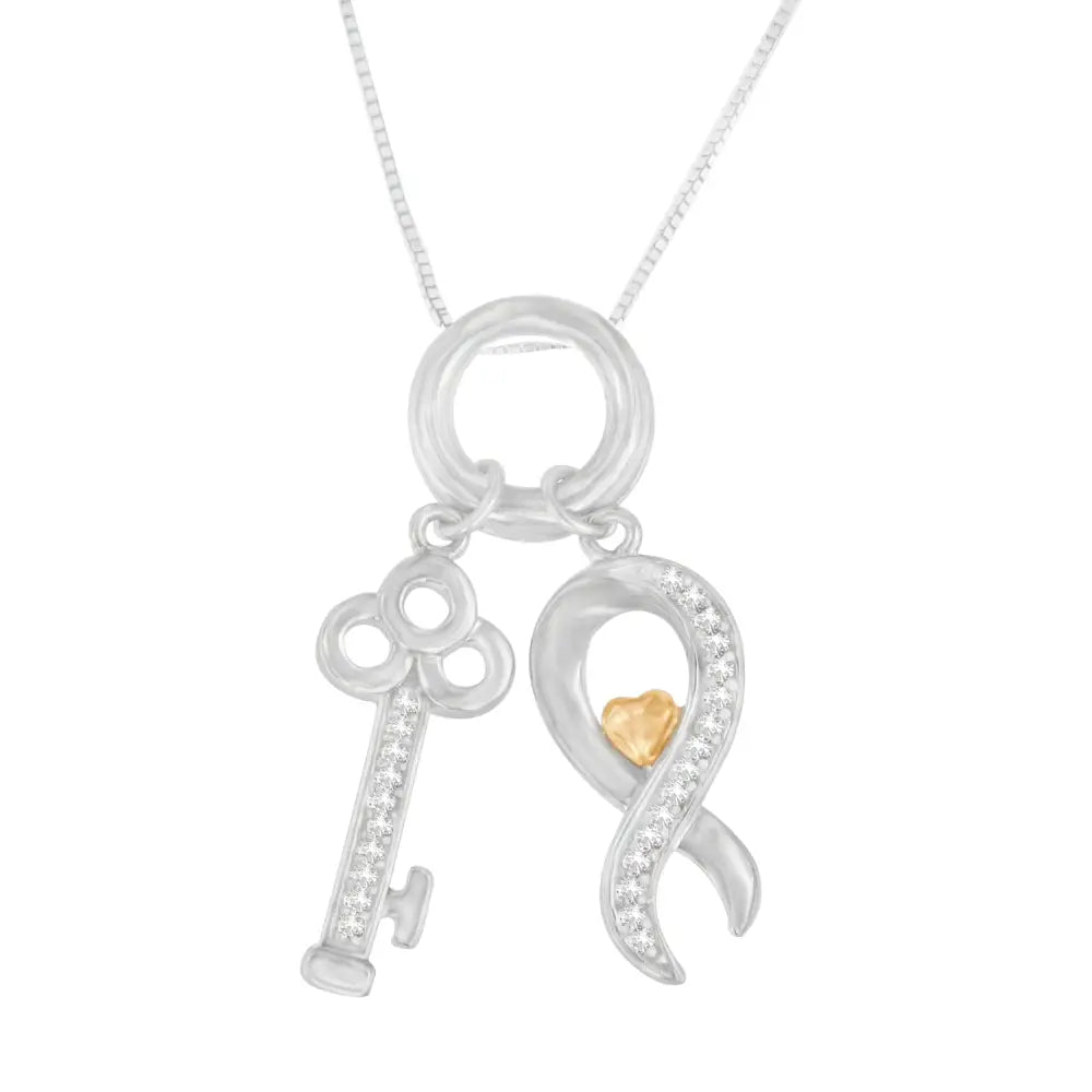 Elegant Two Tone.925 Sterling Silver Diamond Symbol Key Pendant Necklace