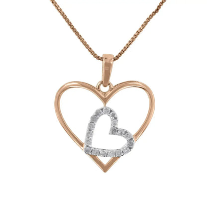 Elegant Two Tone Diamond Double Heart Pendant Necklace in Sterling Silver