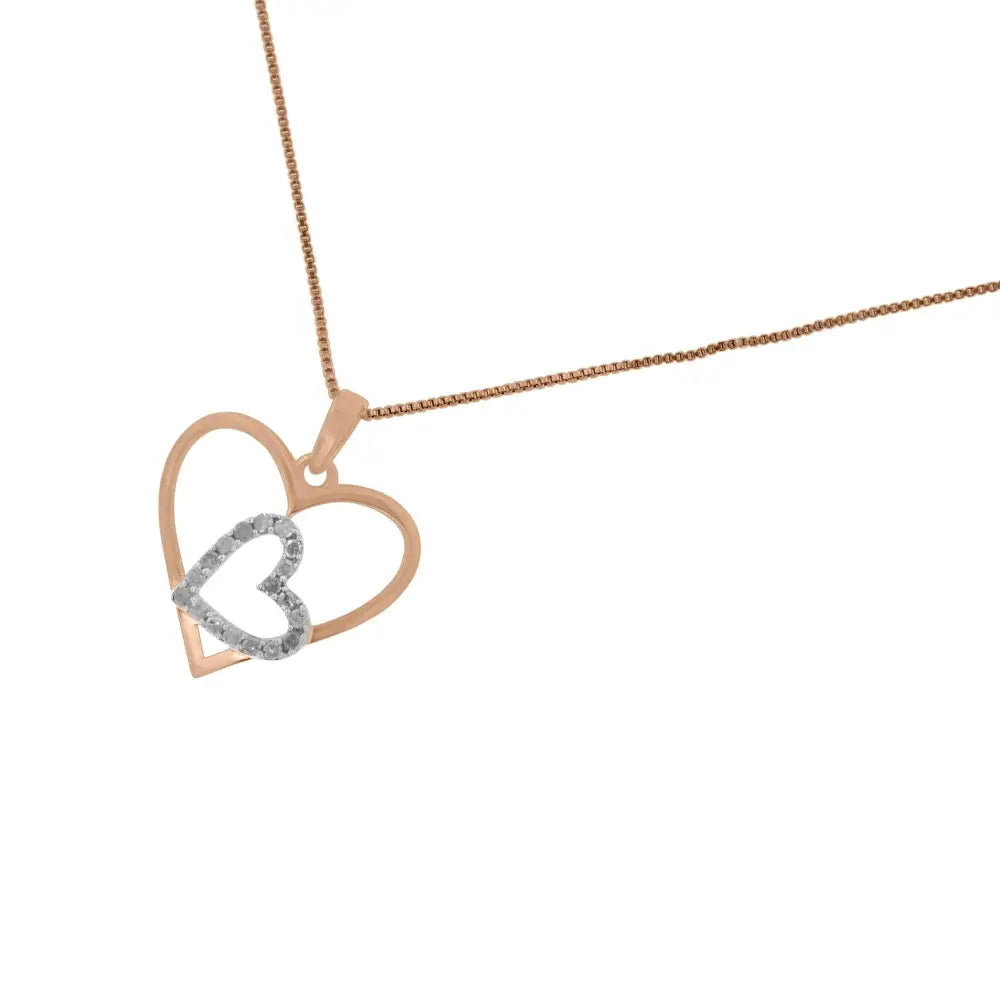 Elegant Two Tone Diamond Double Heart Pendant Necklace in Sterling Silver