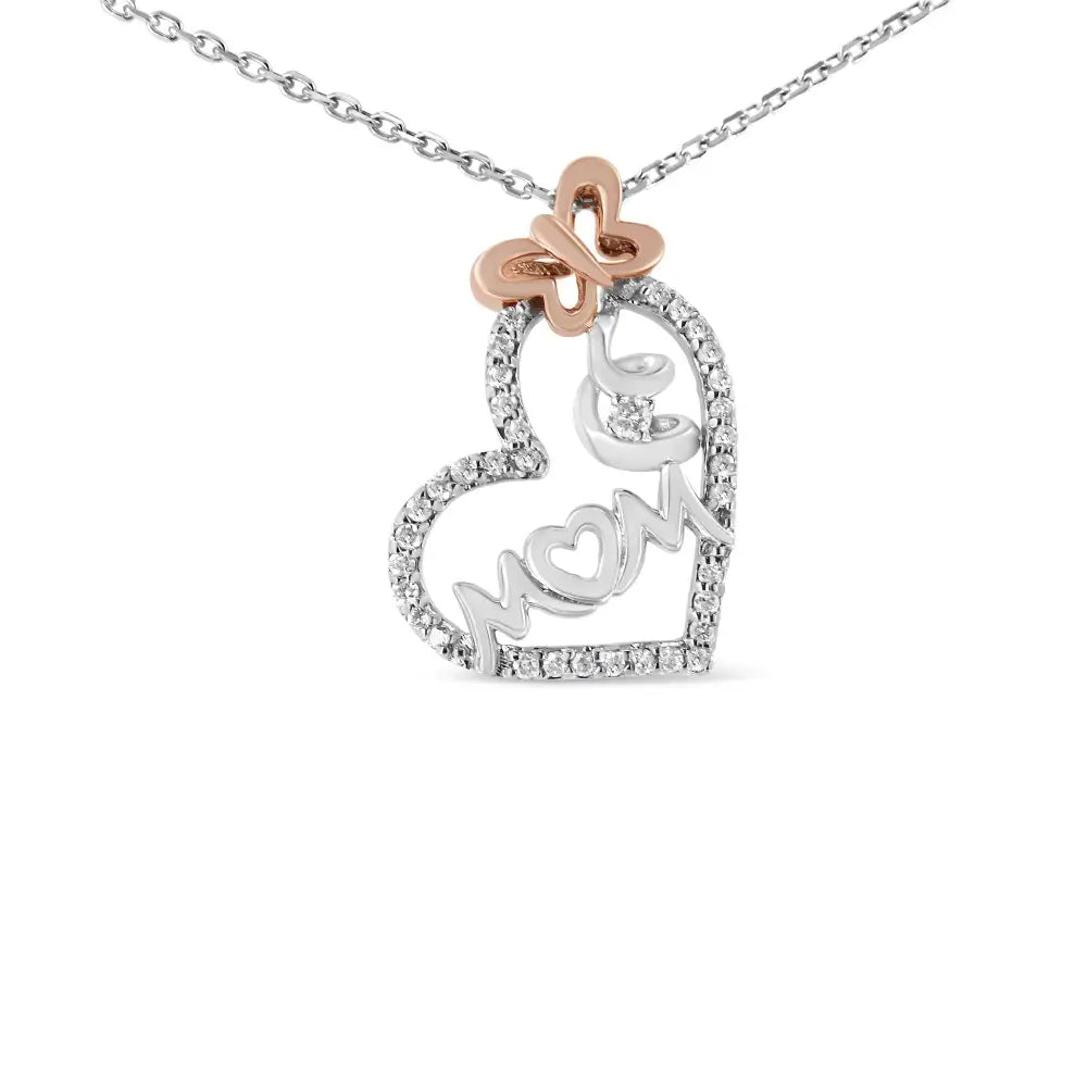 Elegant Two Tone Sterling Silver Heart Pendant Necklace with Cttw Diamond Mom