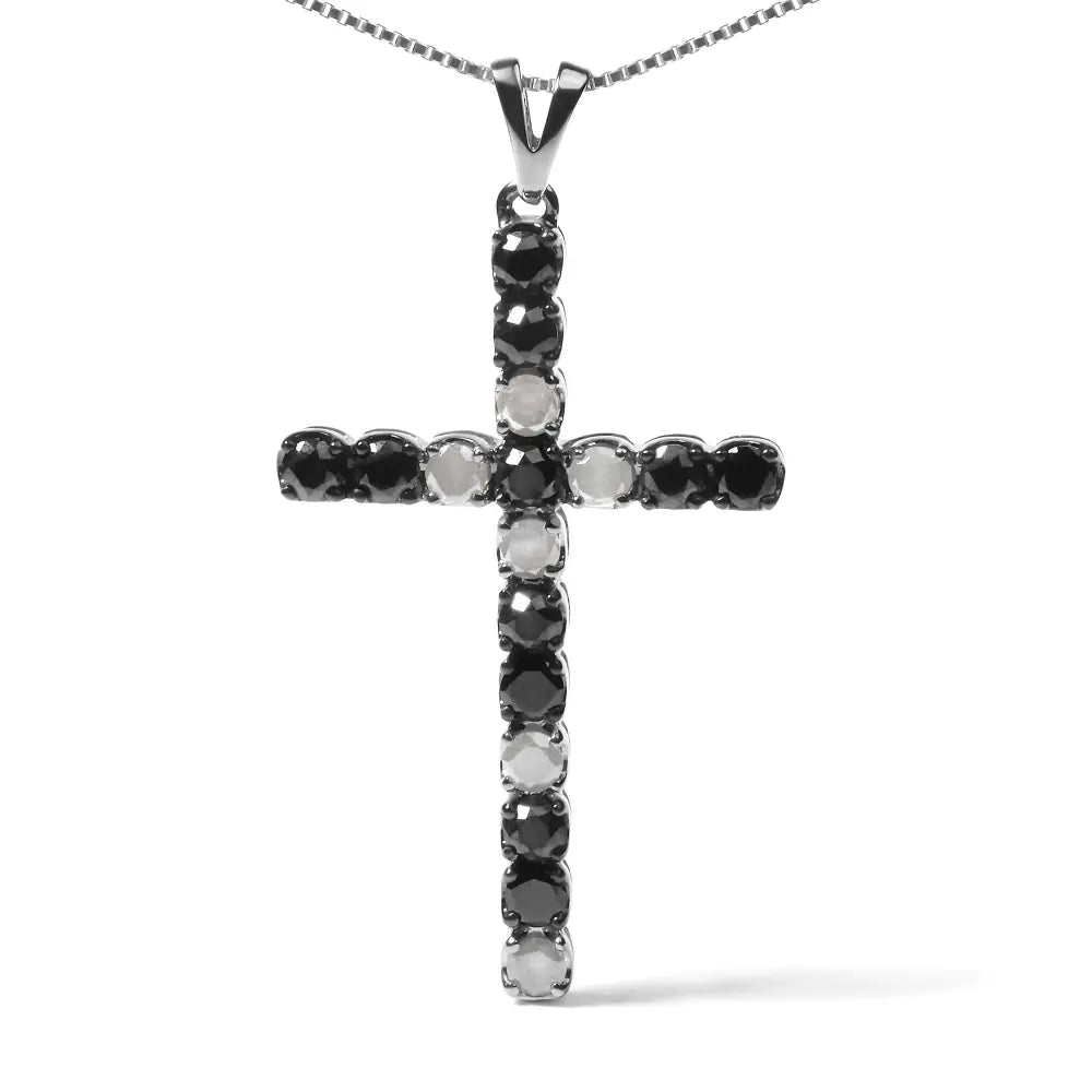 .925 Sterling Silver 1.0 Cttw Black & White Diamond Cross Pendant Necklace