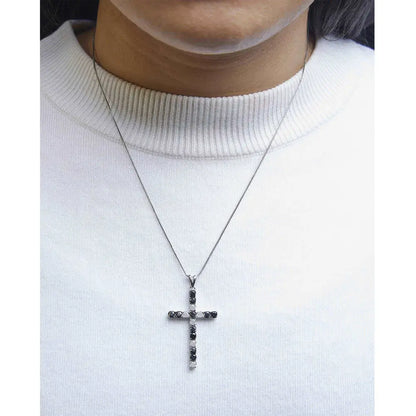 .925 Sterling Silver 1.0 Cttw Black & White Diamond Cross Pendant Necklace