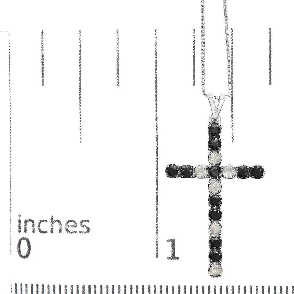 .925 Sterling Silver 1.0 Cttw Black & White Diamond Cross Pendant Necklace