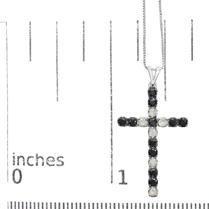 .925 Sterling Silver 1.0 Cttw Black & White Diamond Cross Pendant Necklace