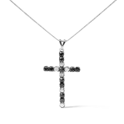 .925 Sterling Silver 1.0 Cttw Black & White Diamond Cross Pendant Necklace